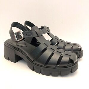 Madden NYC Fisherman Block Heel Sandals Womens 8.5 Black Faux Leather Lug Sole